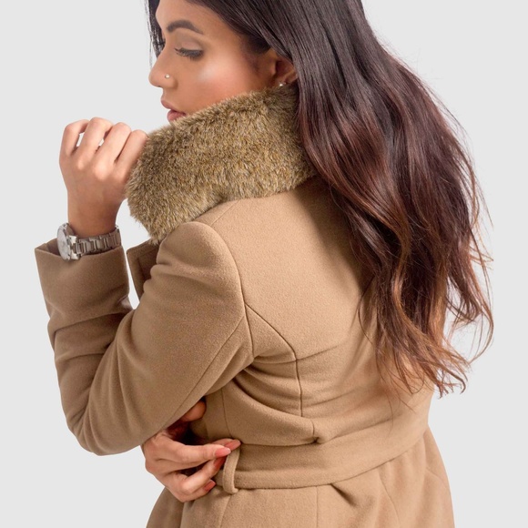 OLGYN Women’s Cashmere Wool Blend Wrap Camel Coat - Picture 3 of 5